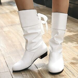 Women’s White Pleated Bow Tie Back Mid Calf Boots Size 9 to 9.5